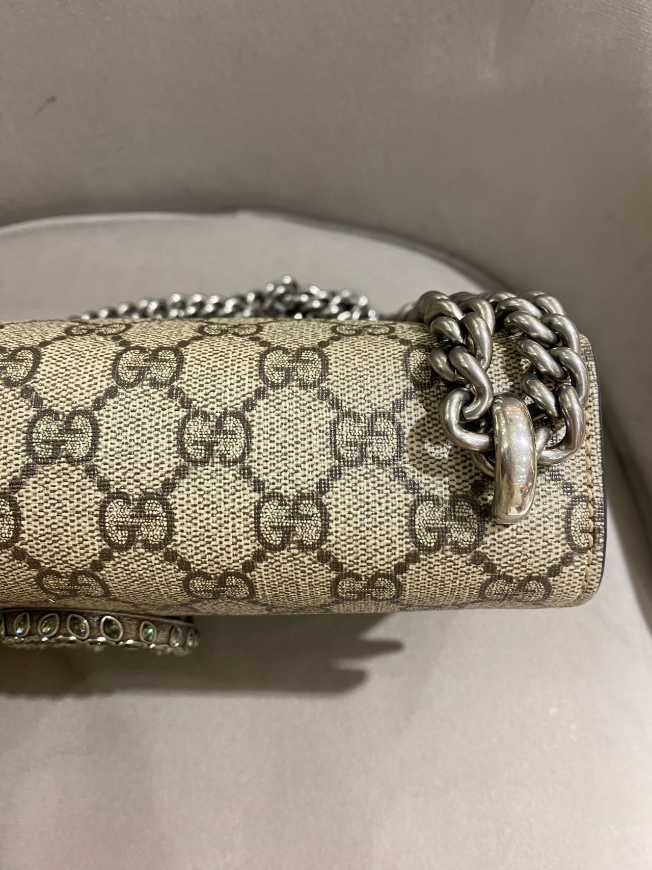 Pre-owned Certified Gucci Dionysus Small in Etoupe GG Supreme Coated Canvas with Crystal Hardware, 2021, w/ Dust  bag