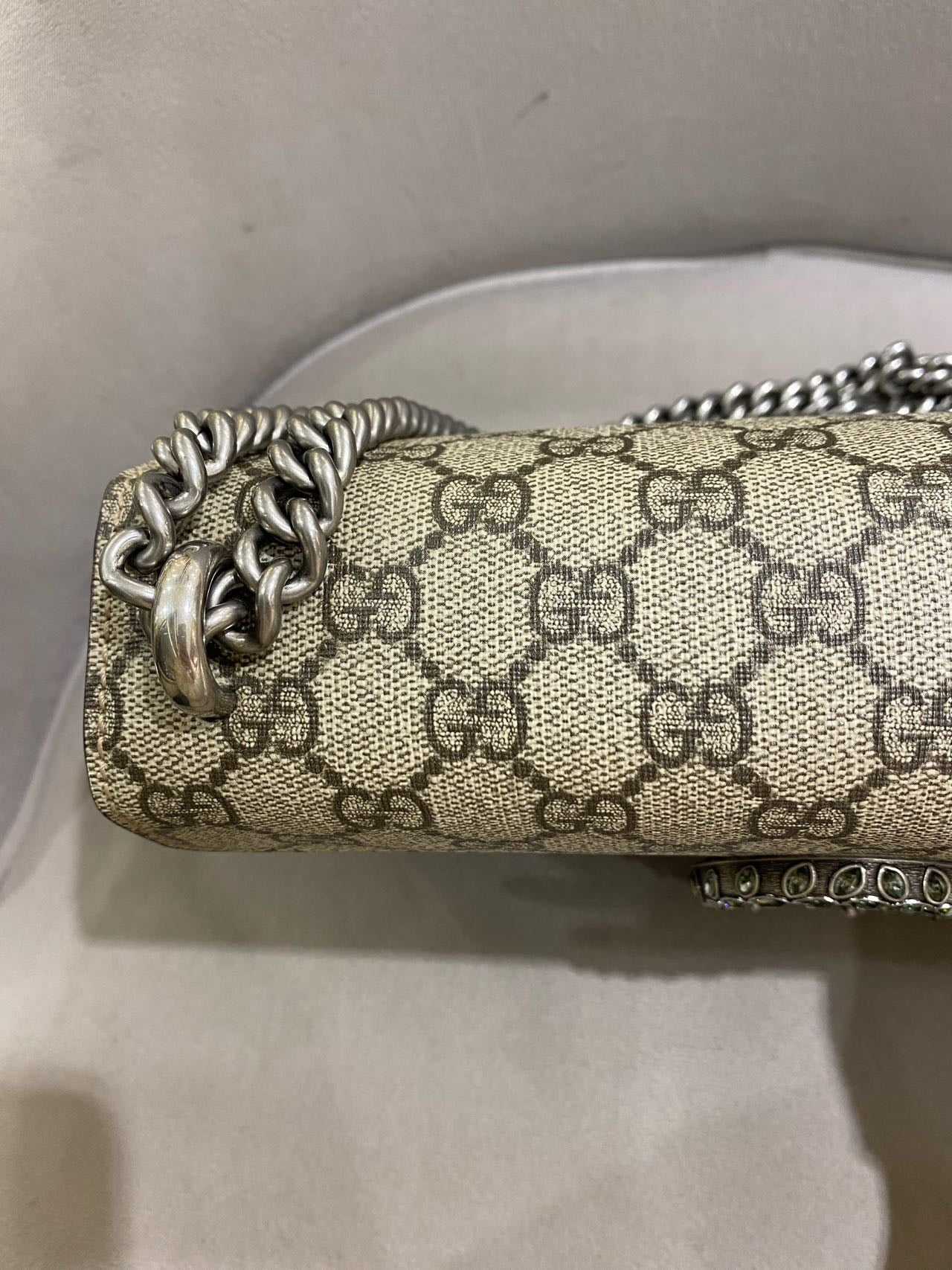 Pre-owned Certified Gucci Dionysus Small in Etoupe GG Supreme Coated Canvas with Crystal Hardware, 2021, w/ Dust  bag
