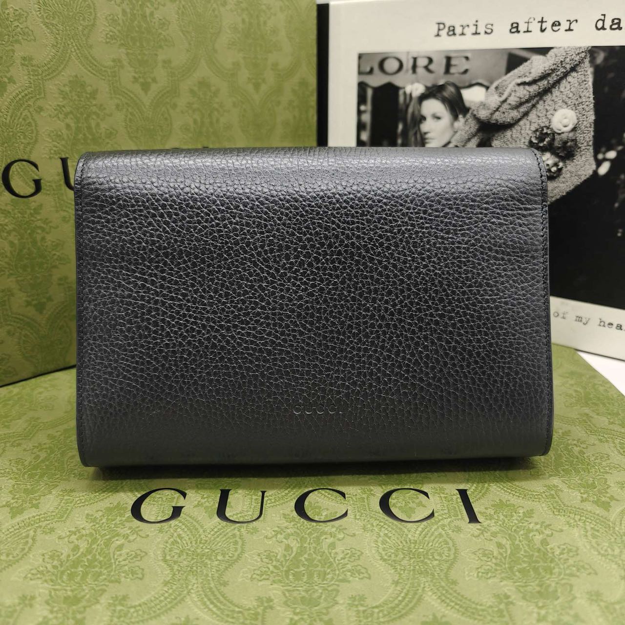 Pre-owned Certified Gucci Dionysus Wallet on Chain in Black Grained Leather with Crystal Hardware, w/full set