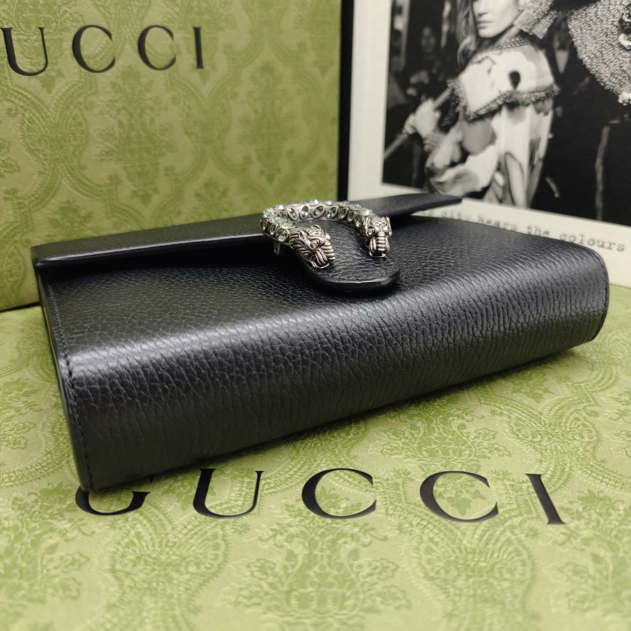 Pre-owned Certified Gucci Dionysus Wallet on Chain in Black Grained Leather with Crystal Hardware, w/full set