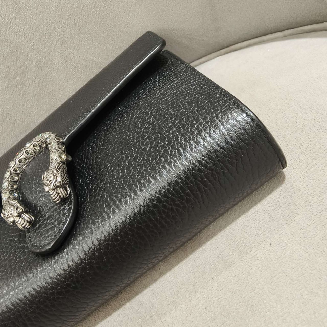 Pre-owned Certified Gucci Dionysus Wallet on Chain in Black Grained Leather with Crystal Hardware, w/full set