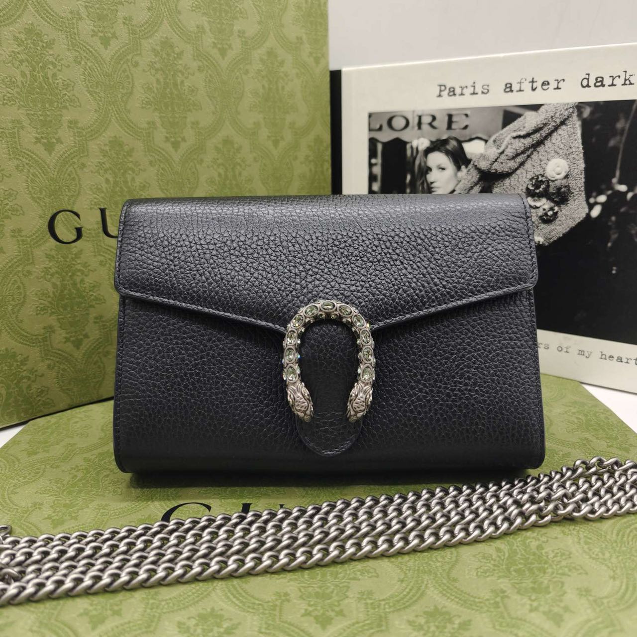 Pre-owned Certified Gucci Dionysus Wallet on Chain in Black Grained Leather with Crystal Hardware, w/full set