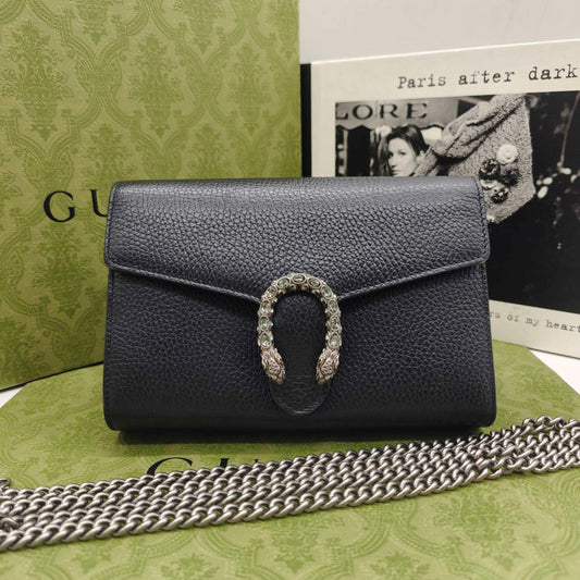Pre-owned Certified Gucci Dionysus Wallet on Chain in Black Grained Leather with Crystal Hardware, w/full set