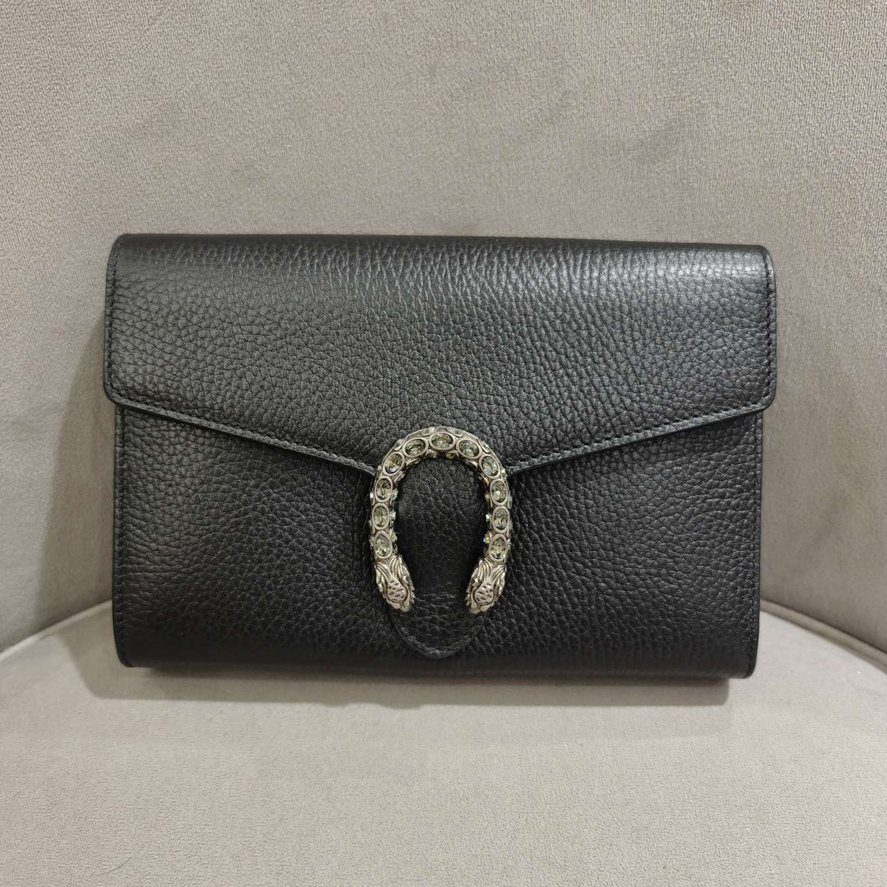 Pre-owned Certified Gucci Dionysus Wallet on Chain in Black Grained Leather with Crystal Hardware, w/full set