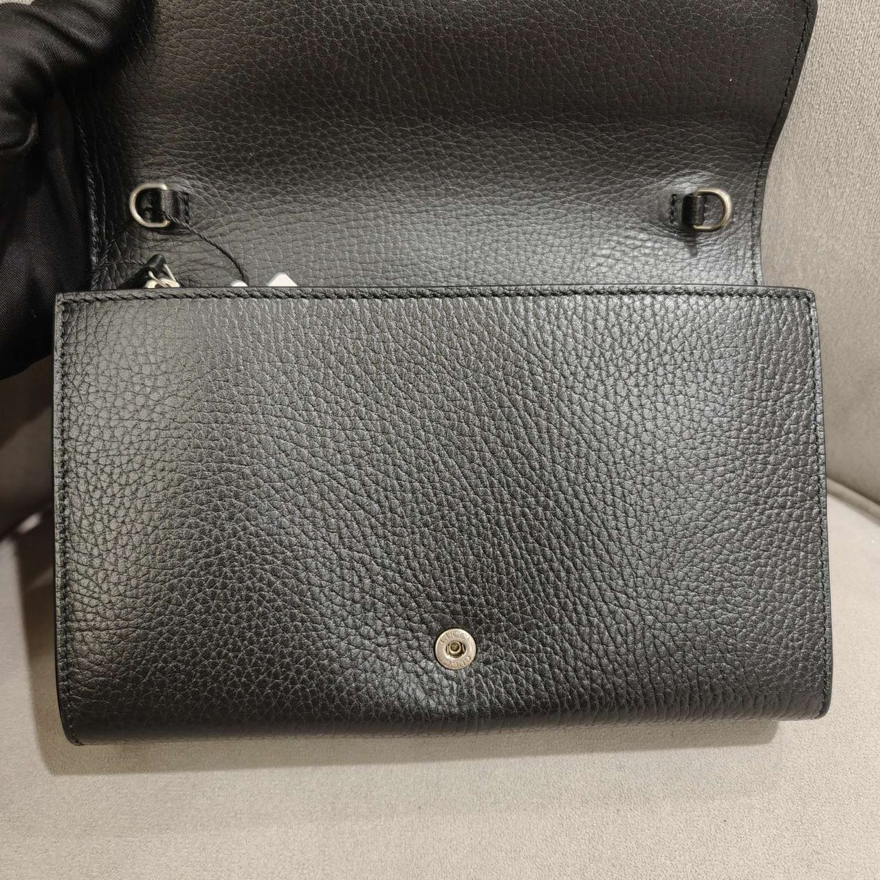 Pre-owned Certified Gucci Dionysus Wallet on Chain in Black Grained Leather with Crystal Hardware, w/full set