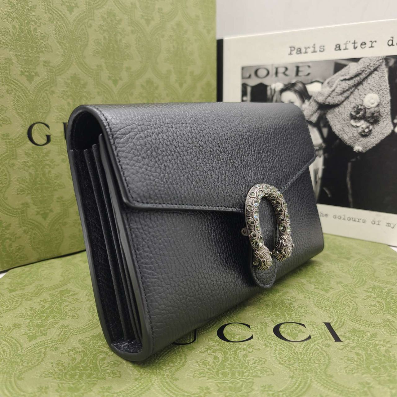 Pre-owned Certified Gucci Dionysus Wallet on Chain in Black Grained Leather with Crystal Hardware, w/full set