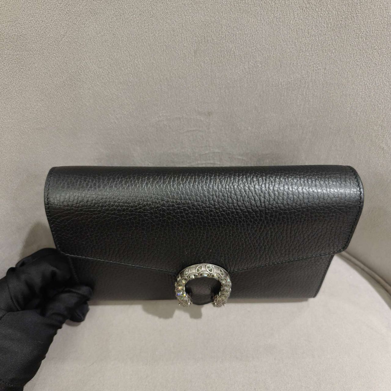 Pre-owned Certified Gucci Dionysus Wallet on Chain in Black Grained Leather with Crystal Hardware, w/full set