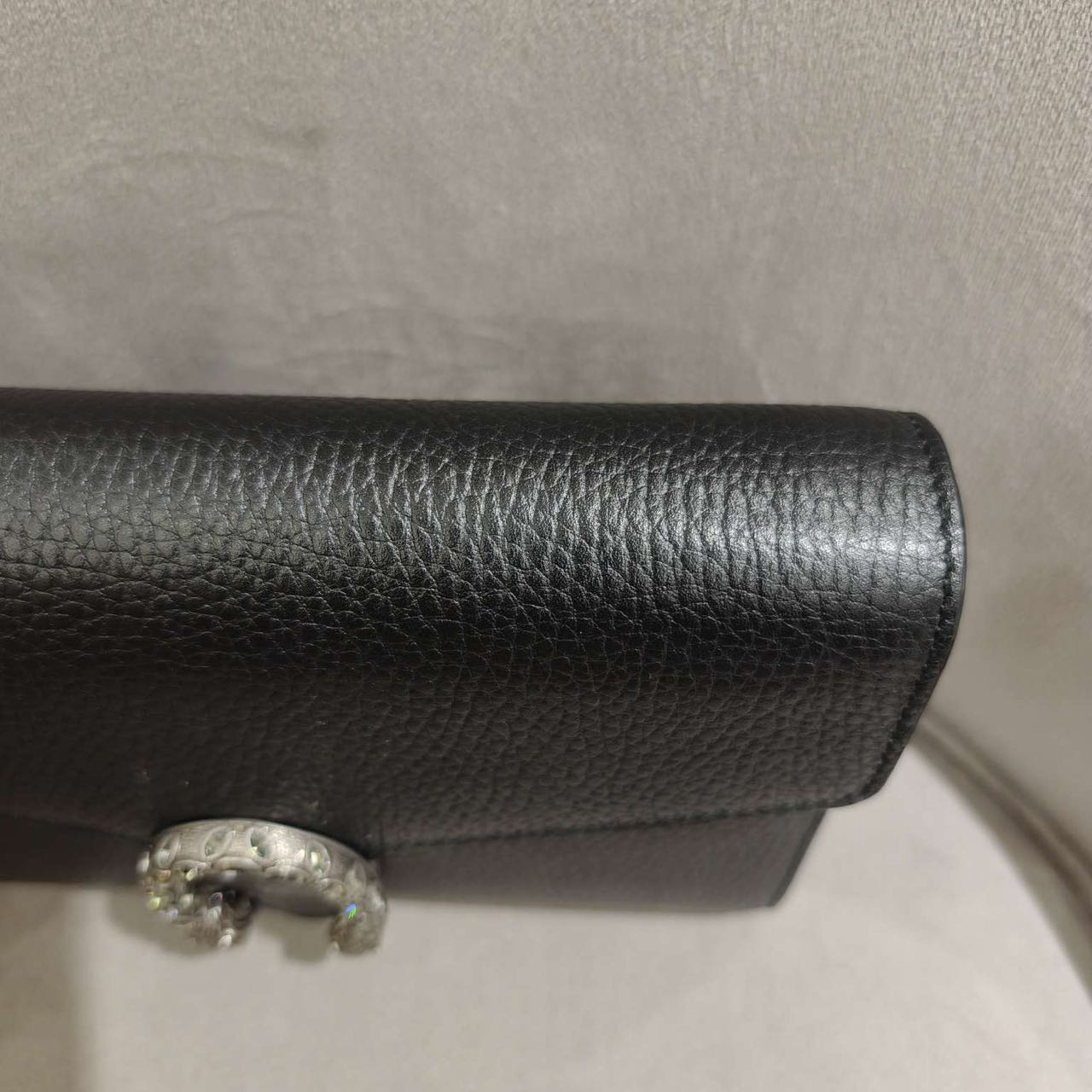 Pre-owned Certified Gucci Dionysus Wallet on Chain in Black Grained Leather with Crystal Hardware, w/full set
