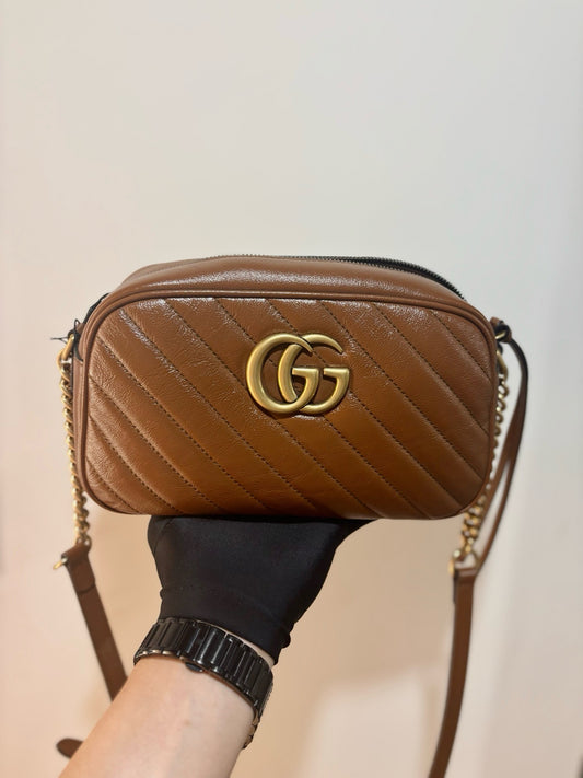 Pre-owned Certified Gucci Marmont Small Camera Bag Caramel Brown Calfskin Golden Hw, w/ dust bag