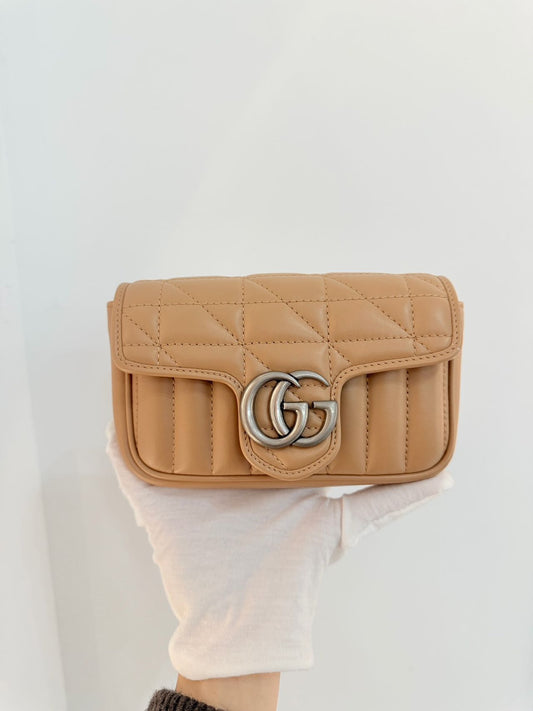 Pre-owned Certified Gucci Mini Marmont Shoulder Bag in Brown Calfskin with Silver Hardware