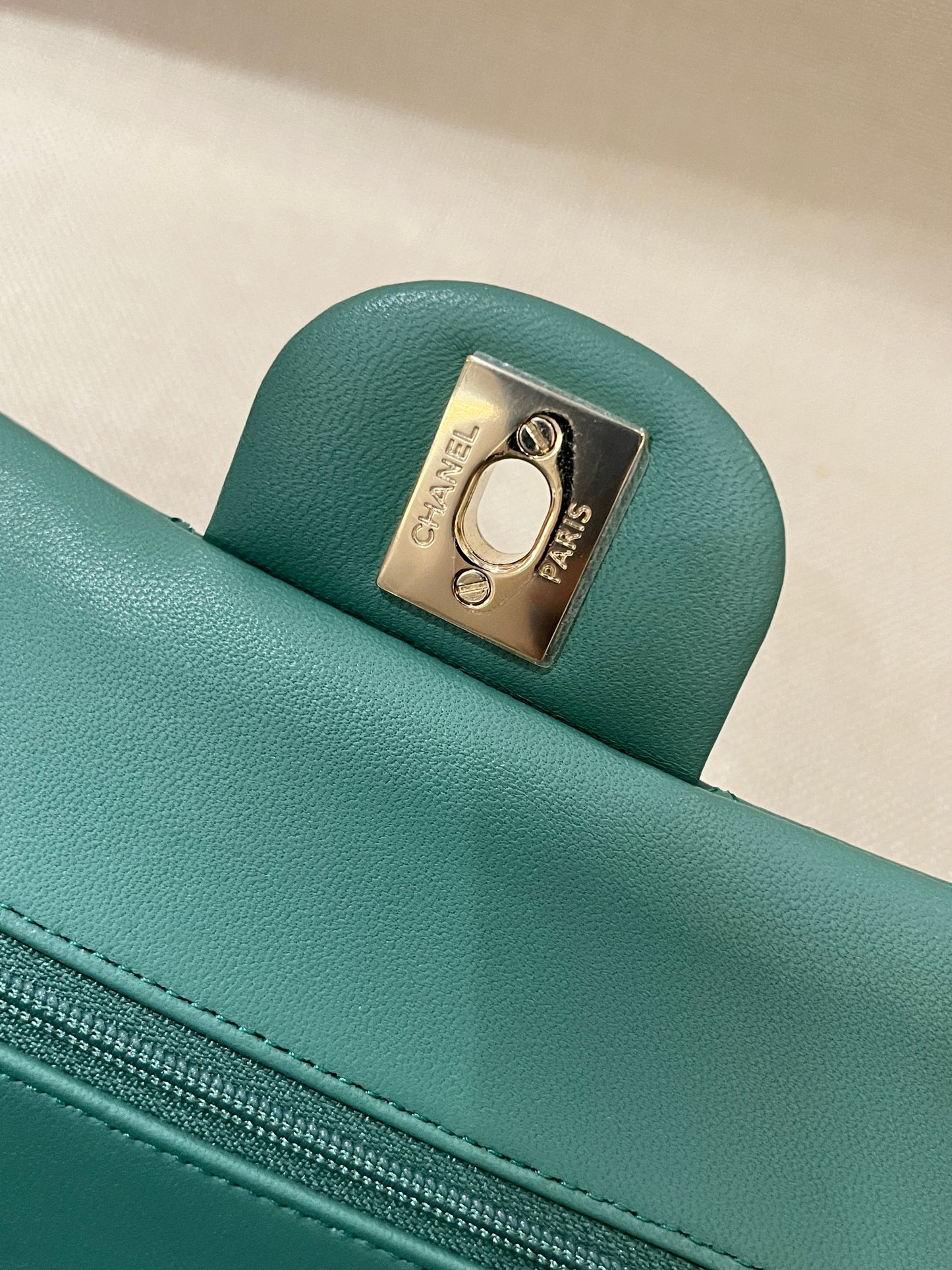 Pre-owned Certified Chanel Small CF Double Classic Flap in Green Lambskin with Light Golden Hardware, 2023 Microchipped, w/ Full Set