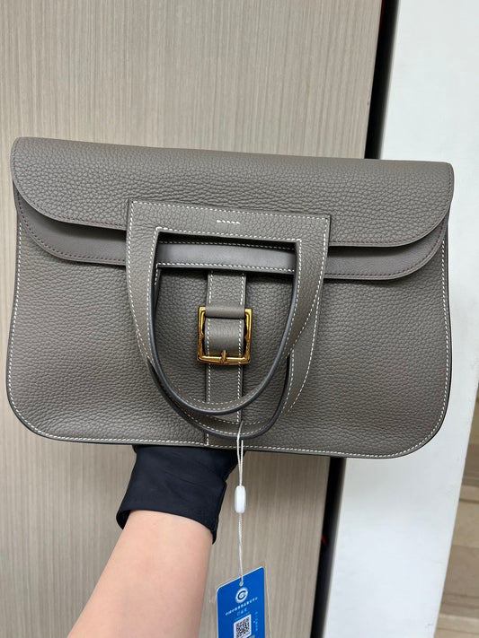 Pre-owned Certified Hermes Halzan 31 Etain Clemence Leather, 2019, Full Set