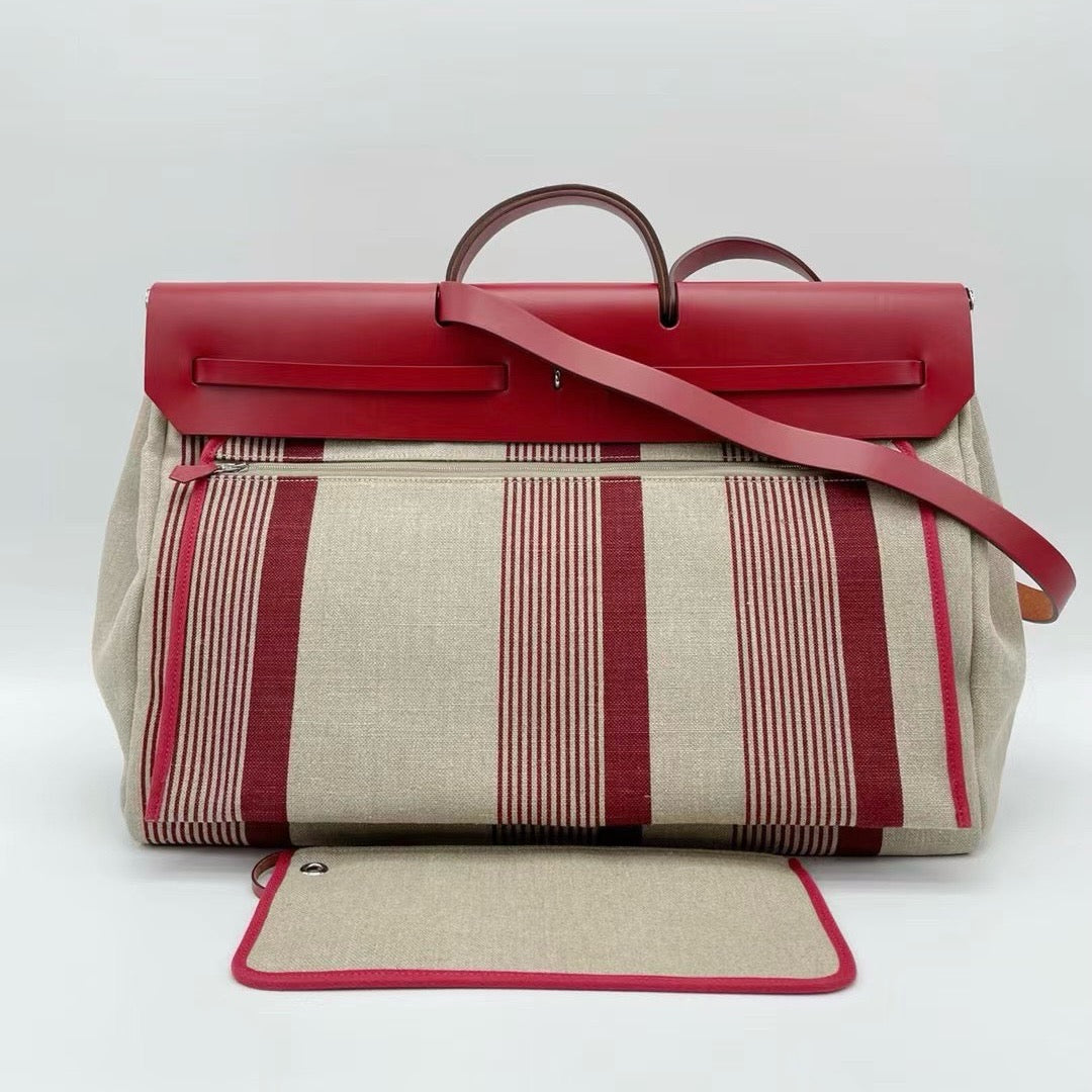 Pre-owned Hermes Herbag 50 Limited Edition Canvas with Dark Red Calfksin, 2019 (D), w/ pouch, lock&key