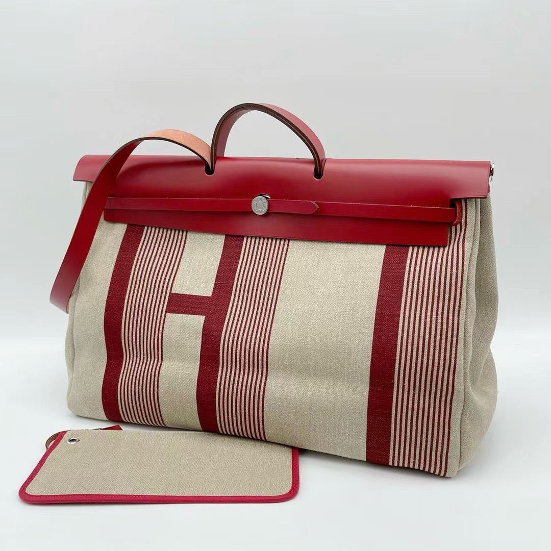 Pre-owned Hermes Herbag 50 Limited Edition Canvas with Dark Red Calfksin, 2019 (D), w/ pouch, lock&key