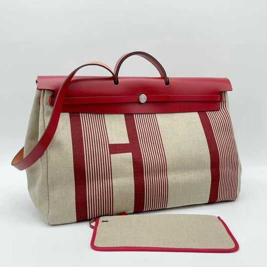 Pre-owned Hermes Herbag 50 Limited Edition Canvas with Dark Red Calfksin, 2019 (D), w/ pouch, lock&key