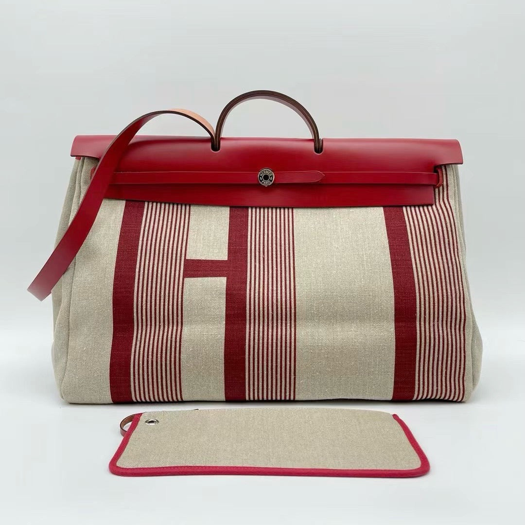 Pre-owned Hermes Herbag 50 Limited Edition Canvas with Dark Red Calfksin, 2019 (D), w/ pouch, lock&key