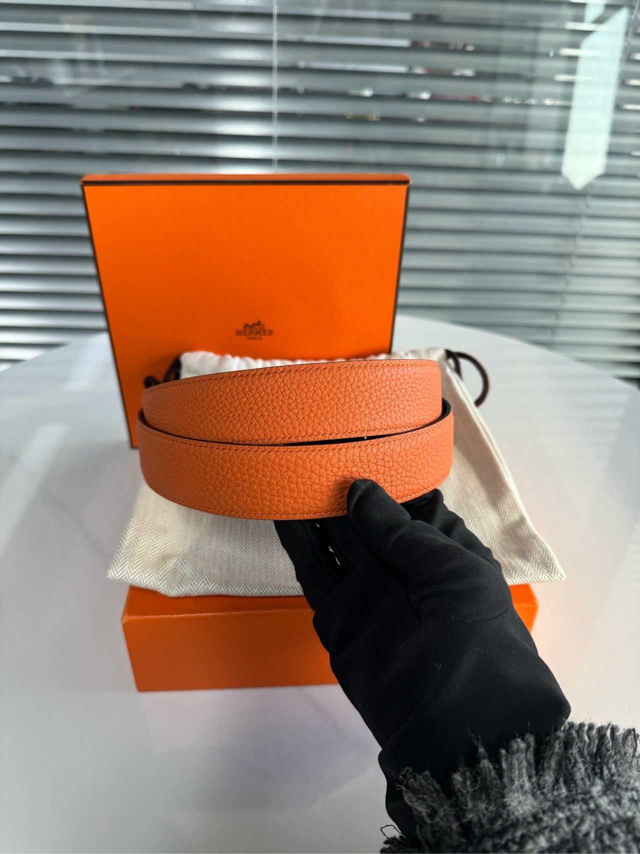 Pre-owned Hermes H Reversible Belt 32mm Black Box Calfskin with Orange Togo, Golden Buckle, Size 90