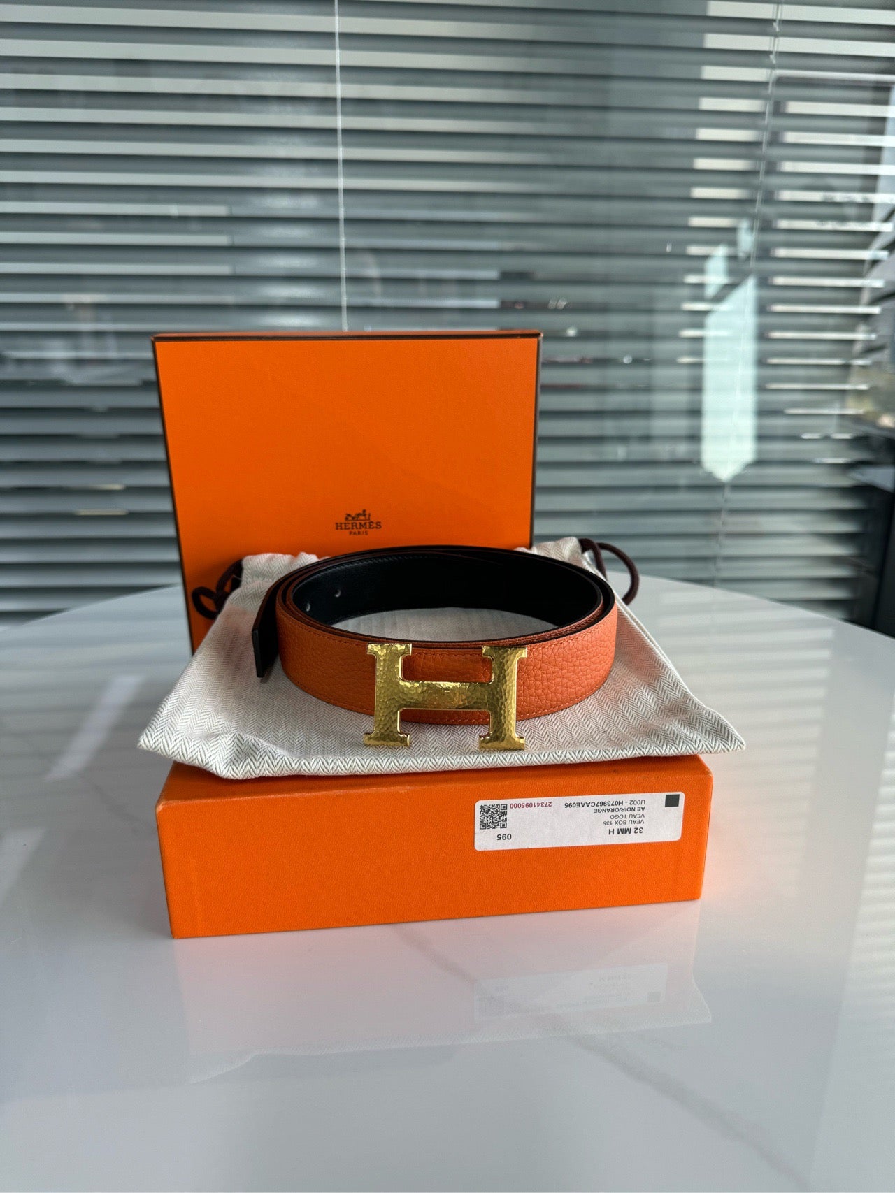 Pre-owned Hermes H Reversible Belt 32mm Black Box Calfskin with Orange Togo, Golden Buckle, Size 90