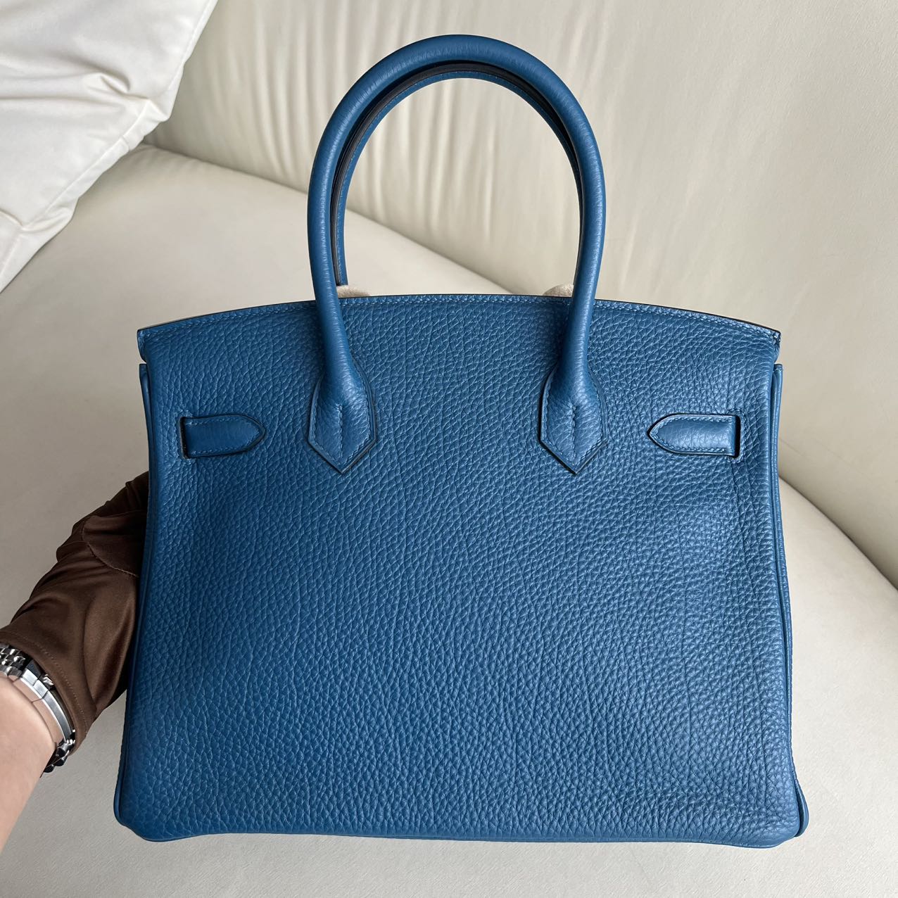 Pre-owned Certified Hermes Birkin 30 Bleu de Galice S7 Togo Leather Silver Hardware, 2015 (T), with dust bag, lock & key