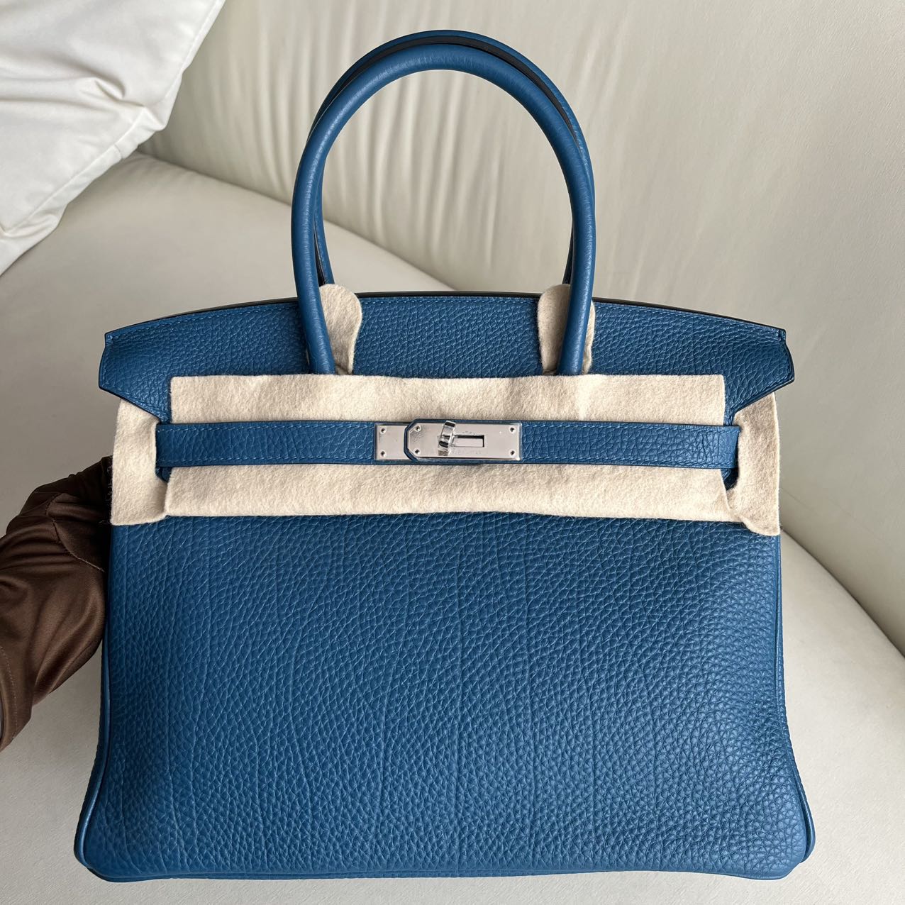 Pre-owned Certified Hermes Birkin 30 Bleu de Galice S7 Togo Leather Silver Hardware, 2015 (T), with dust bag, lock & key