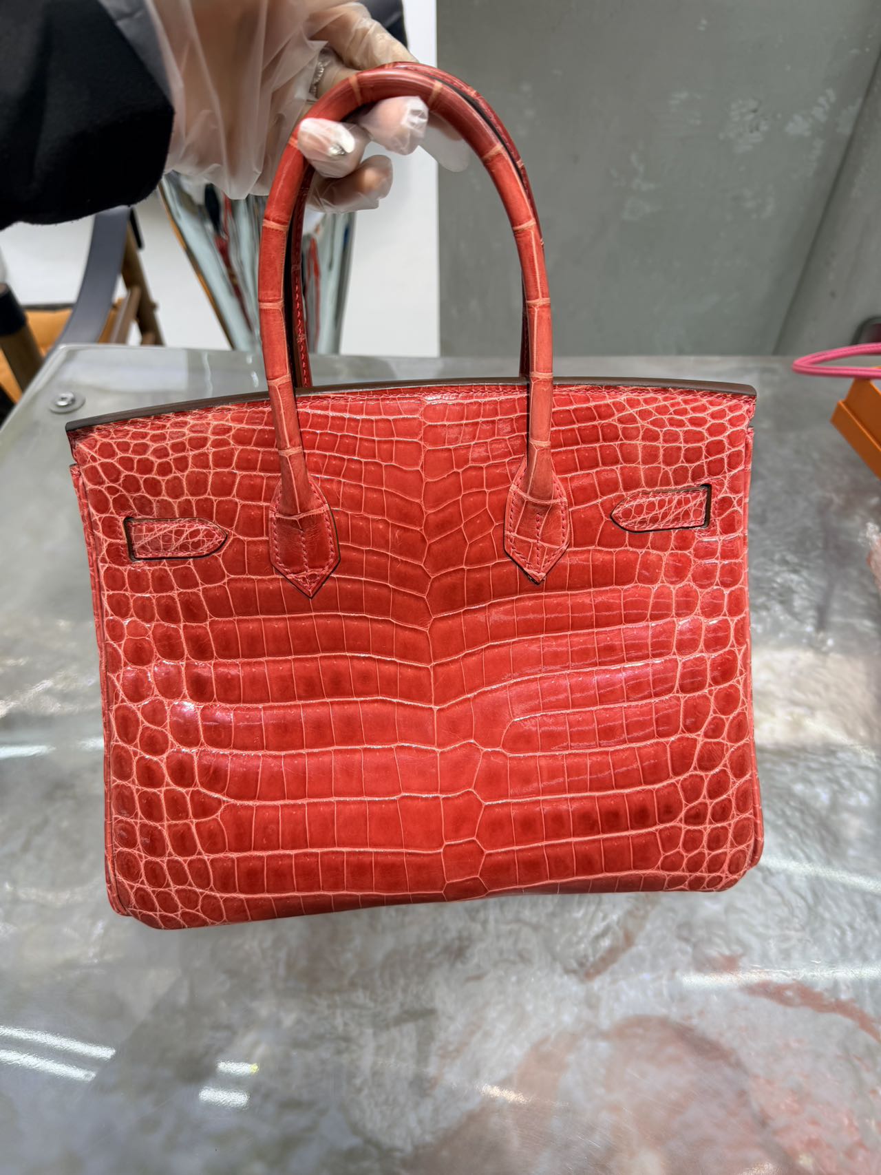 Pre-owned Certified Hermes Birkin 30 in A5 Bougainvillier Shiny Crocodile Niloticus Skin with Silver Hardware, 2010, w/ Box, dust bag, lock and key with clochette, rain coat