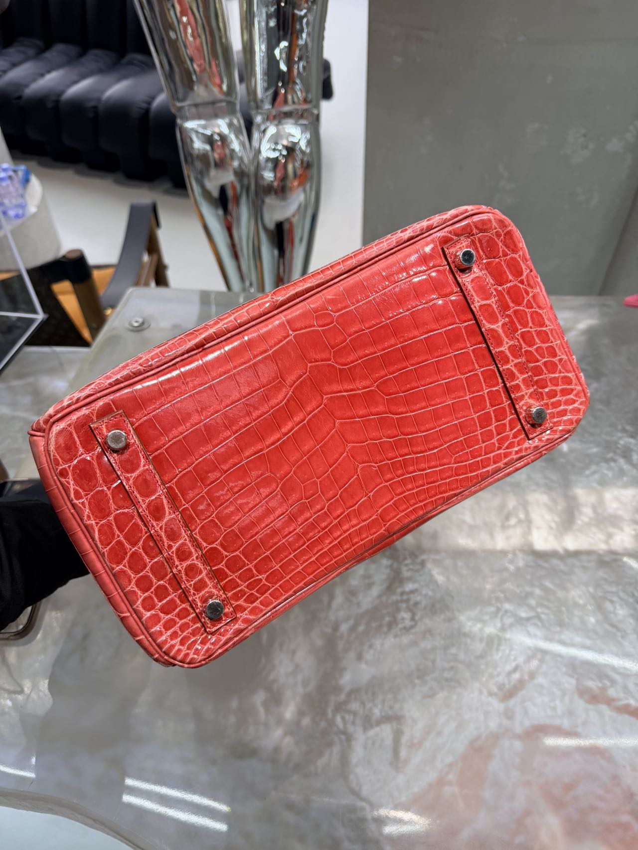 Pre-owned Certified Hermes Birkin 30 in A5 Bougainvillier Shiny Crocodile Niloticus Skin with Silver Hardware, 2010, w/ Box, dust bag, lock and key with clochette, rain coat