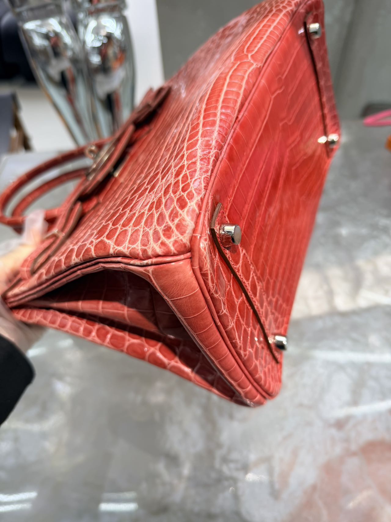 Pre-owned Certified Hermes Birkin 30 in A5 Bougainvillier Shiny Crocodile Niloticus Skin with Silver Hardware, 2010, w/ Box, dust bag, lock and key with clochette, rain coat