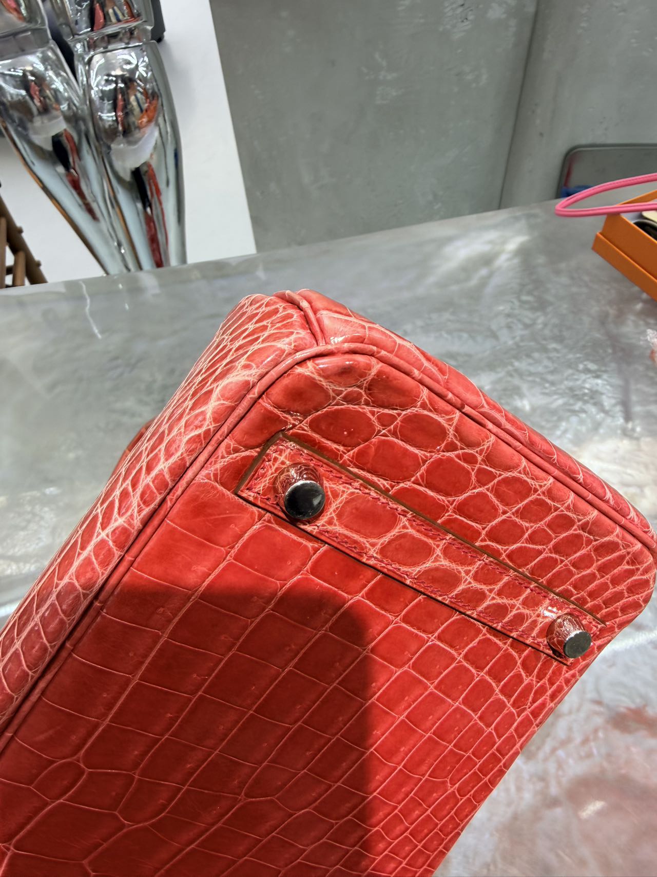 Pre-owned Certified Hermes Birkin 30 in A5 Bougainvillier Shiny Crocodile Niloticus Skin with Silver Hardware, 2010, w/ Box, dust bag, lock and key with clochette, rain coat