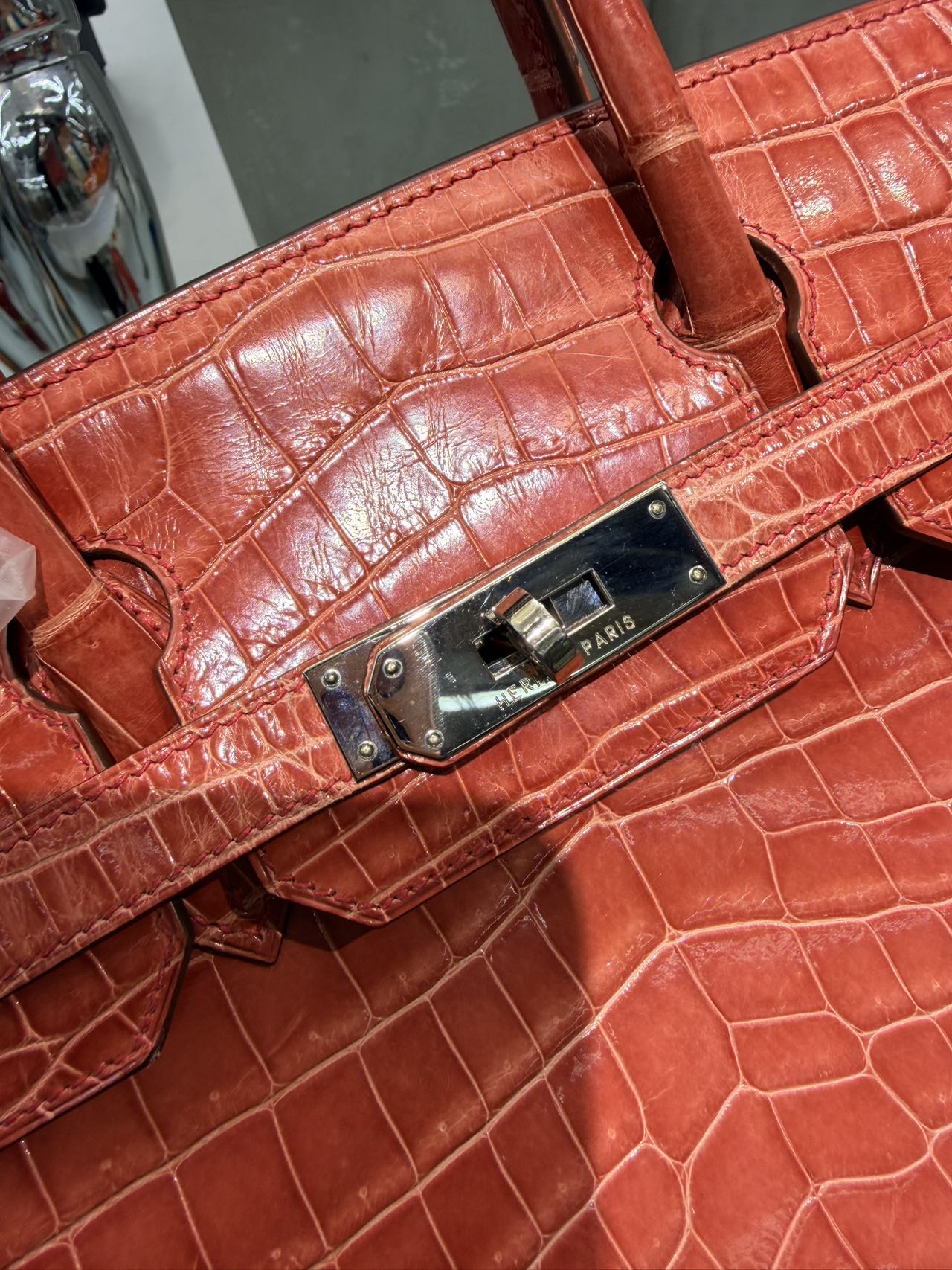 Pre-owned Certified Hermes Birkin 30 in A5 Bougainvillier Shiny Crocodile Niloticus Skin with Silver Hardware, 2010, w/ Box, dust bag, lock and key with clochette, rain coat