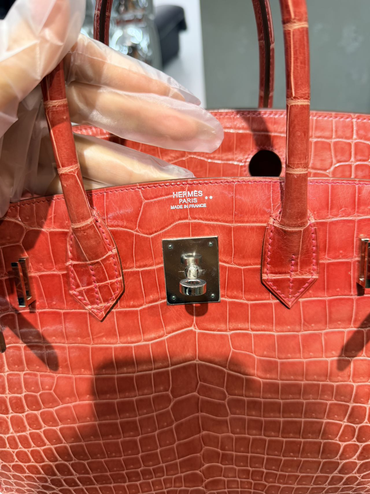 Pre-owned Certified Hermes Birkin 30 in A5 Bougainvillier Shiny Crocodile Niloticus Skin with Silver Hardware, 2010, w/ Box, dust bag, lock and key with clochette, rain coat