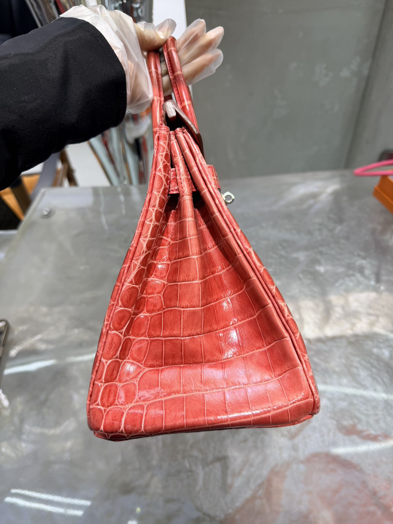 Pre-owned Certified Hermes Birkin 30 in A5 Bougainvillier Shiny Crocodile Niloticus Skin with Silver Hardware, 2010, w/ Box, dust bag, lock and key with clochette, rain coat