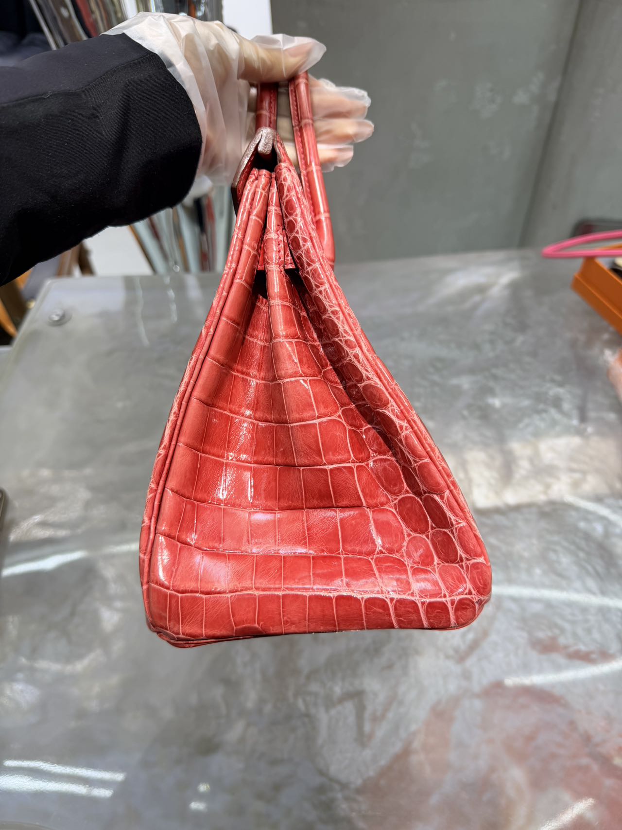 Pre-owned Certified Hermes Birkin 30 in A5 Bougainvillier Shiny Crocodile Niloticus Skin with Silver Hardware, 2010, w/ Box, dust bag, lock and key with clochette, rain coat