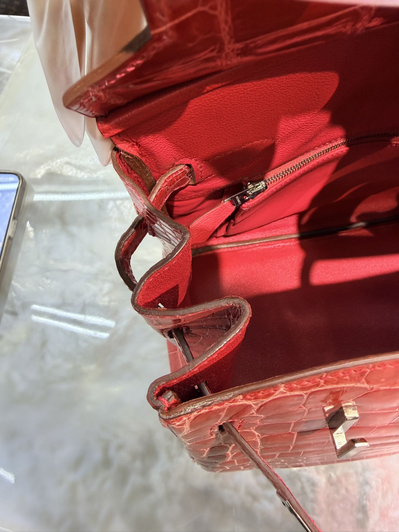 Pre-owned Certified Hermes Birkin 30 in A5 Bougainvillier Shiny Crocodile Niloticus Skin with Silver Hardware, 2010, w/ Box, dust bag, lock and key with clochette, rain coat