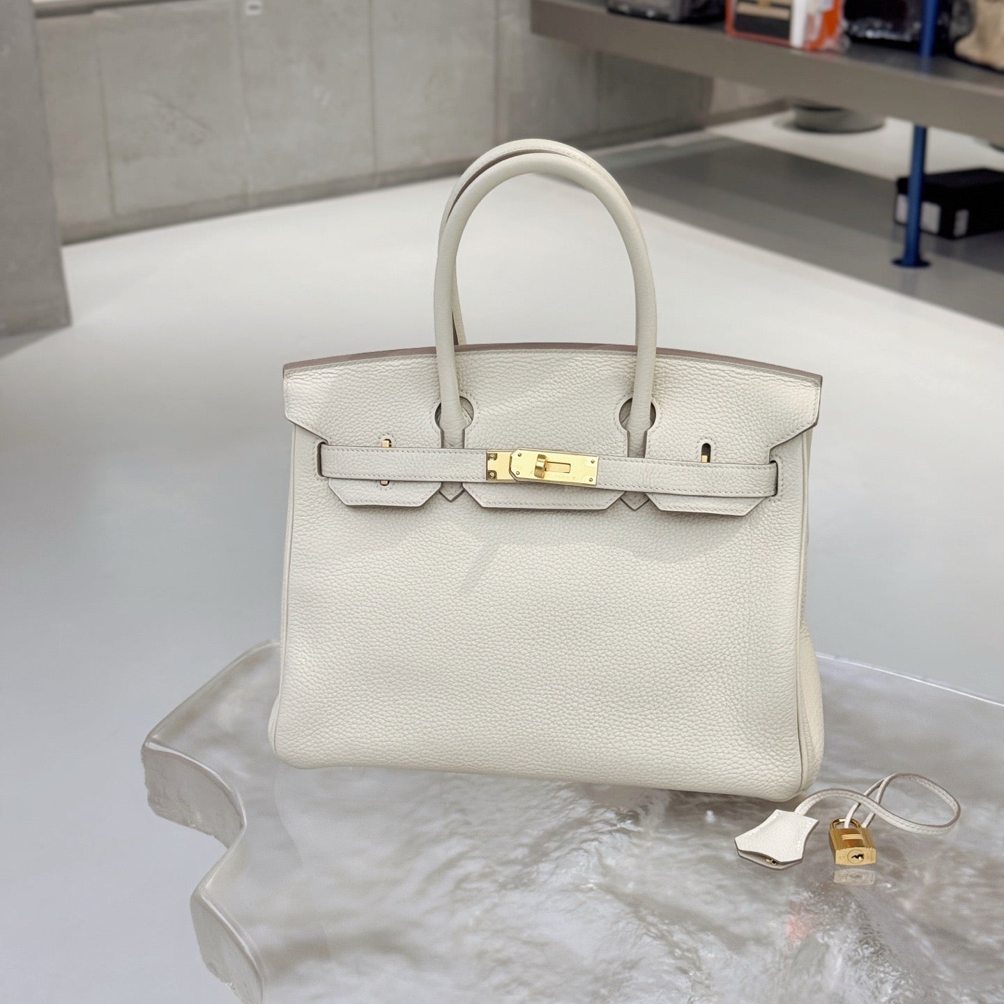 Pre-owned Certified Hermes Birkin 30 in Craie Togo Leather with Golden Hardware, 2020, w/ dust bag, lock and key, rain coat