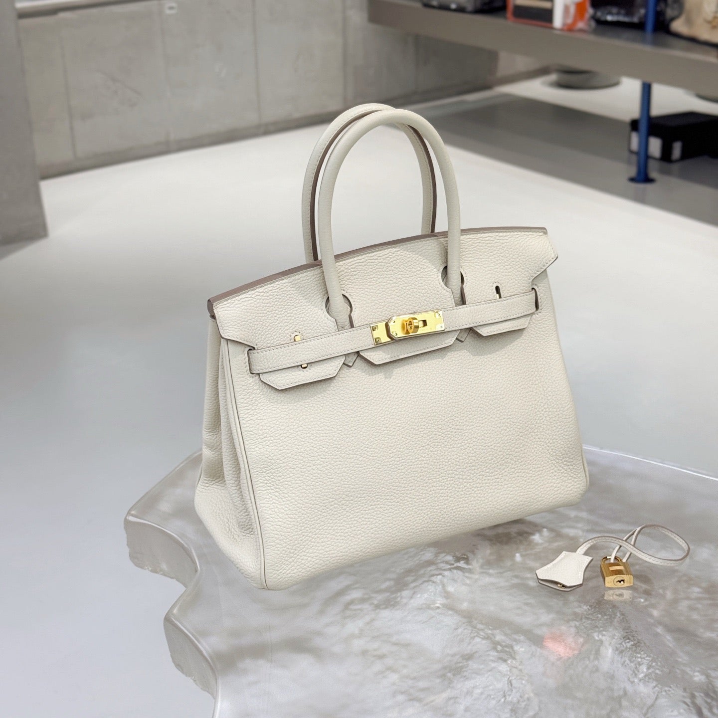 Pre-owned Certified Hermes Birkin 30 in Craie Togo Leather with Golden Hardware, 2020, w/ dust bag, lock and key, rain coat