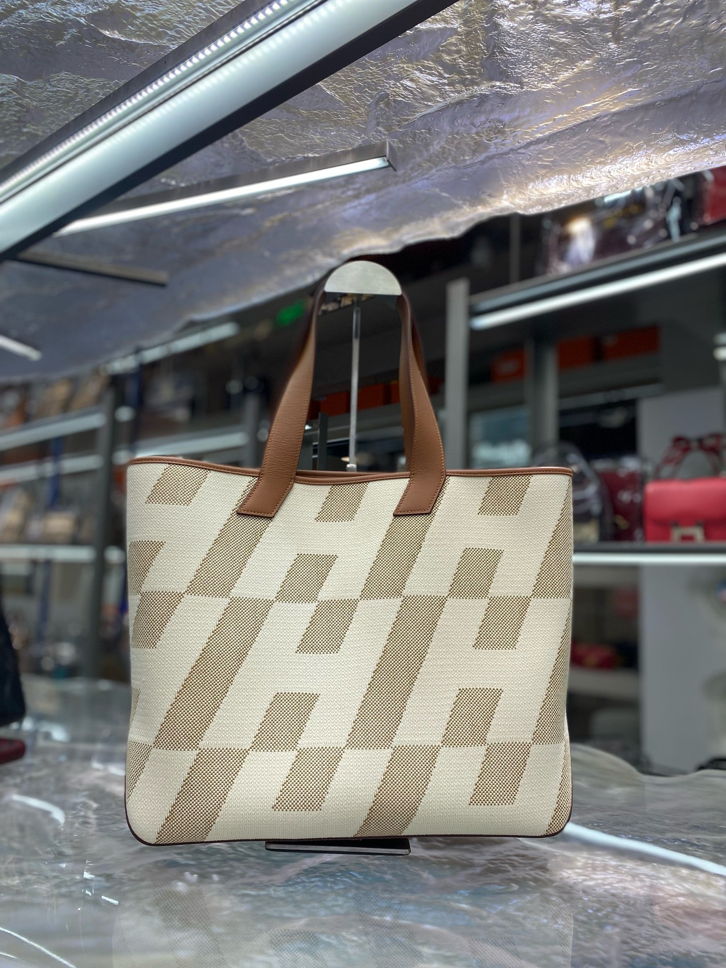 Pre-owned Not Used Hermes Cabas H en Biais 40 Tote in Beige Canvas with Golden Brown Leather, 2021, Full Set