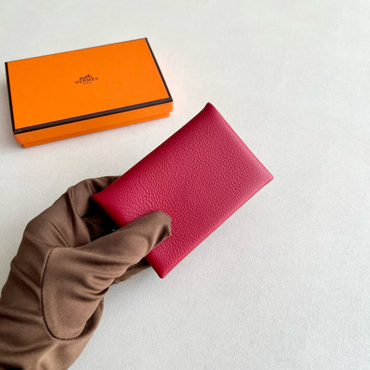 Pre-owned Hermes Calvi Card Holder Verso Red with Burgundy Interior Chèvre, Like New, 2020, w/ box