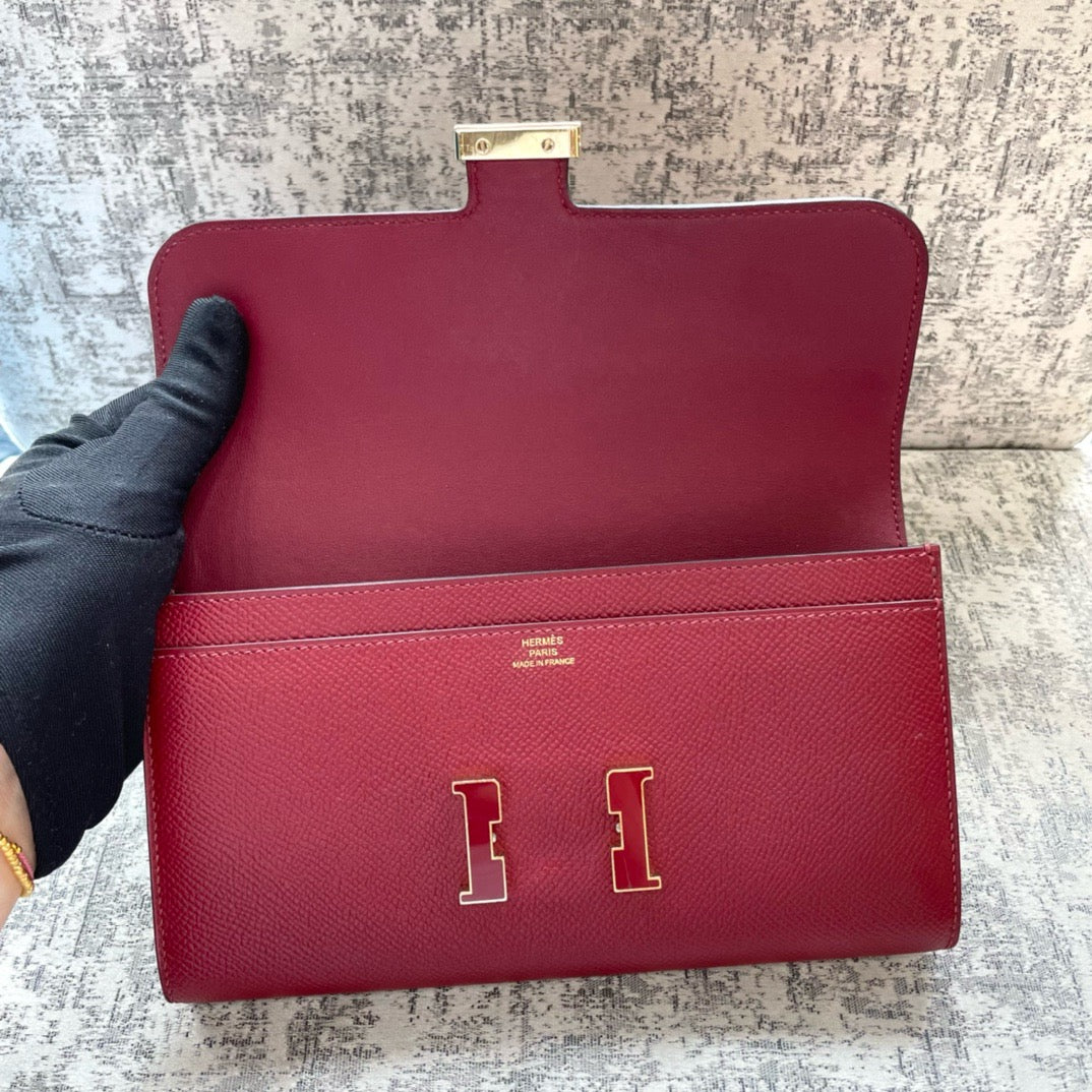 Pre-owned Hermes Constance Long Wallet Burgundy Epsom with Burgundy Clasp