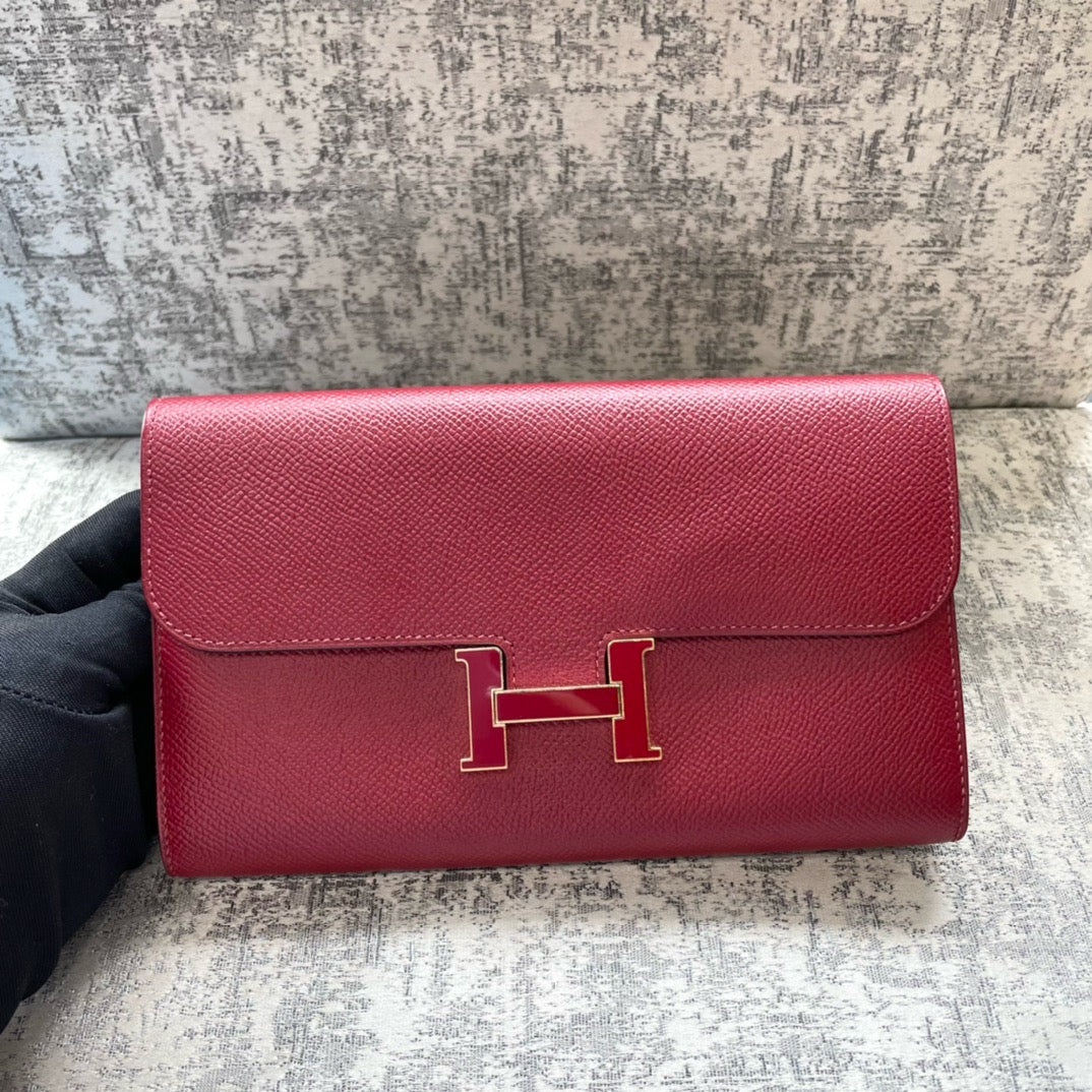 Pre-owned Hermes Constance Long Wallet Burgundy Epsom with Burgundy Clasp