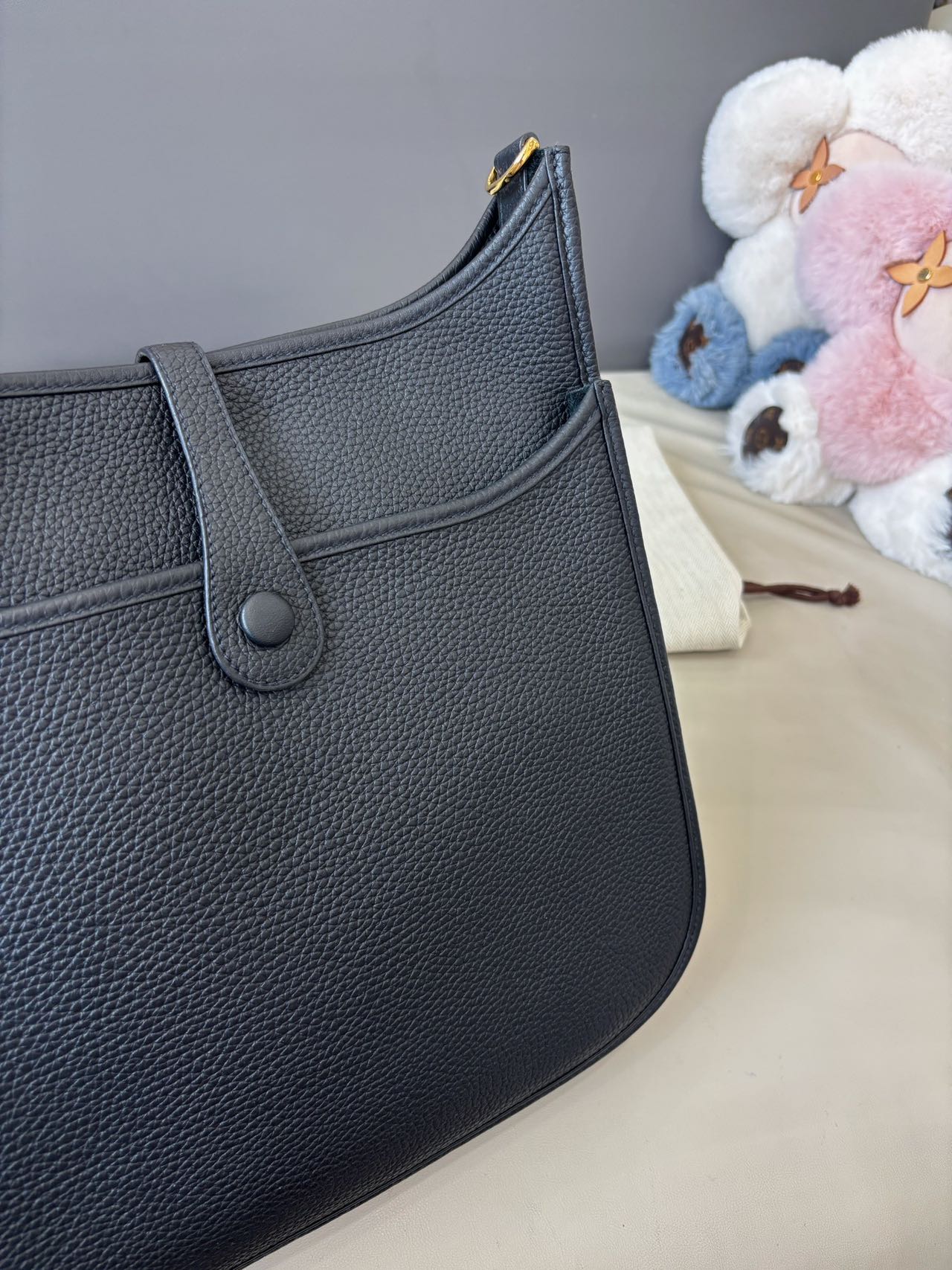 Pre-owned Certified Hermes Evelyne 29 bag in Black Taurillon Clemence leather with Golden Hardware, 2023, w/dust bag