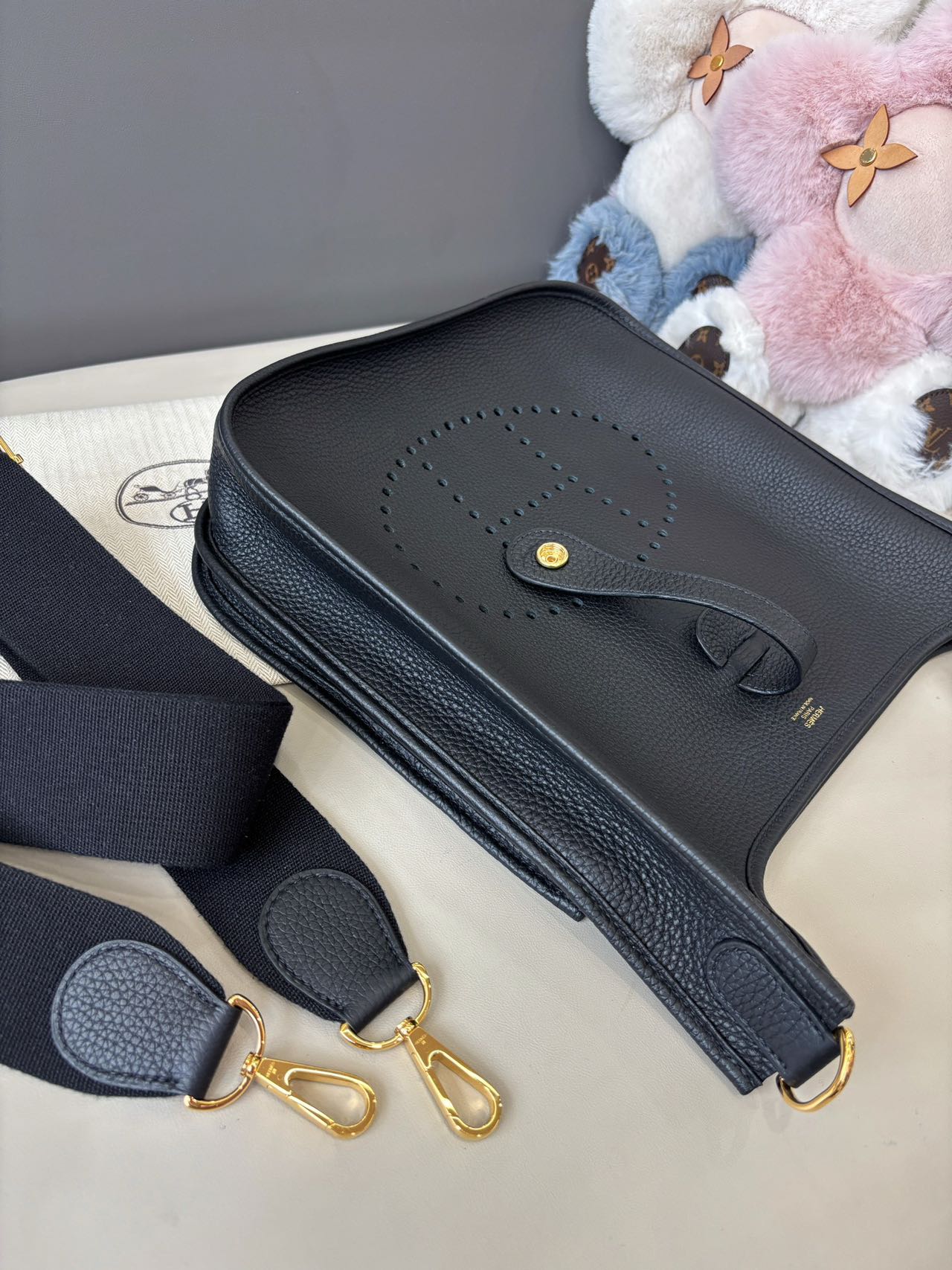 Pre-owned Certified Hermes Evelyne 29 bag in Black Taurillon Clemence leather with Golden Hardware, 2023, w/dust bag