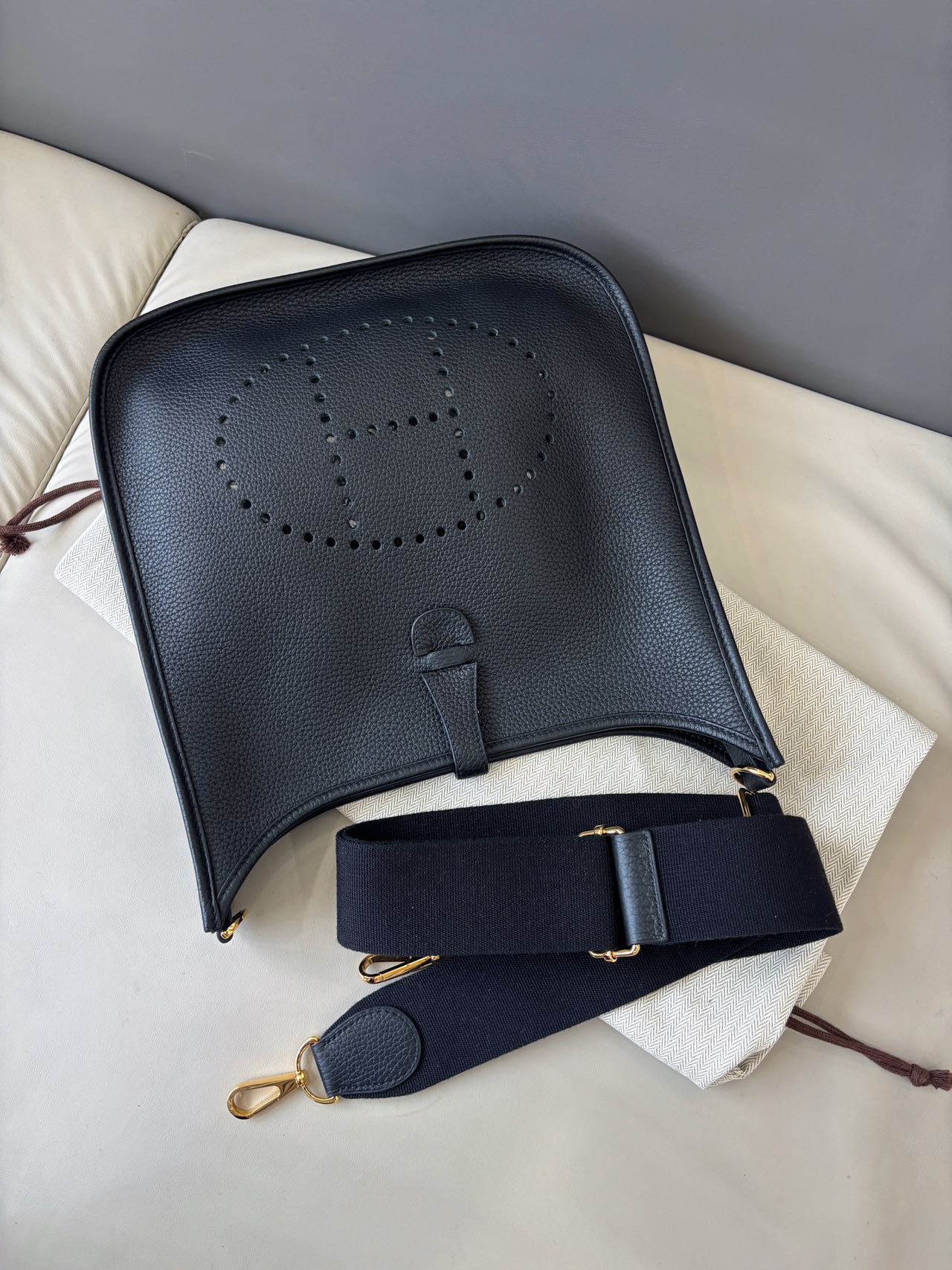 Pre-owned Certified Hermes Evelyne 29 bag in Black Taurillon Clemence leather with Golden Hardware, 2023, w/dust bag