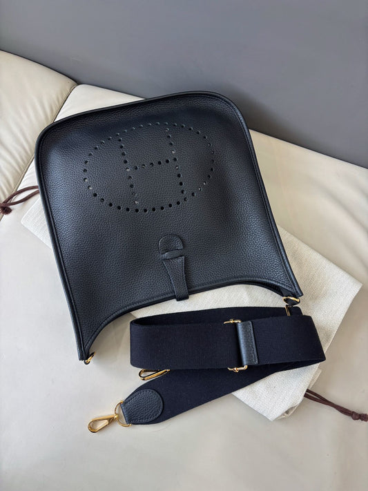 Pre-owned Certified Hermes Evelyne 29 bag in Black Taurillon Clemence leather with Golden Hardware, 2023, w/dust bag