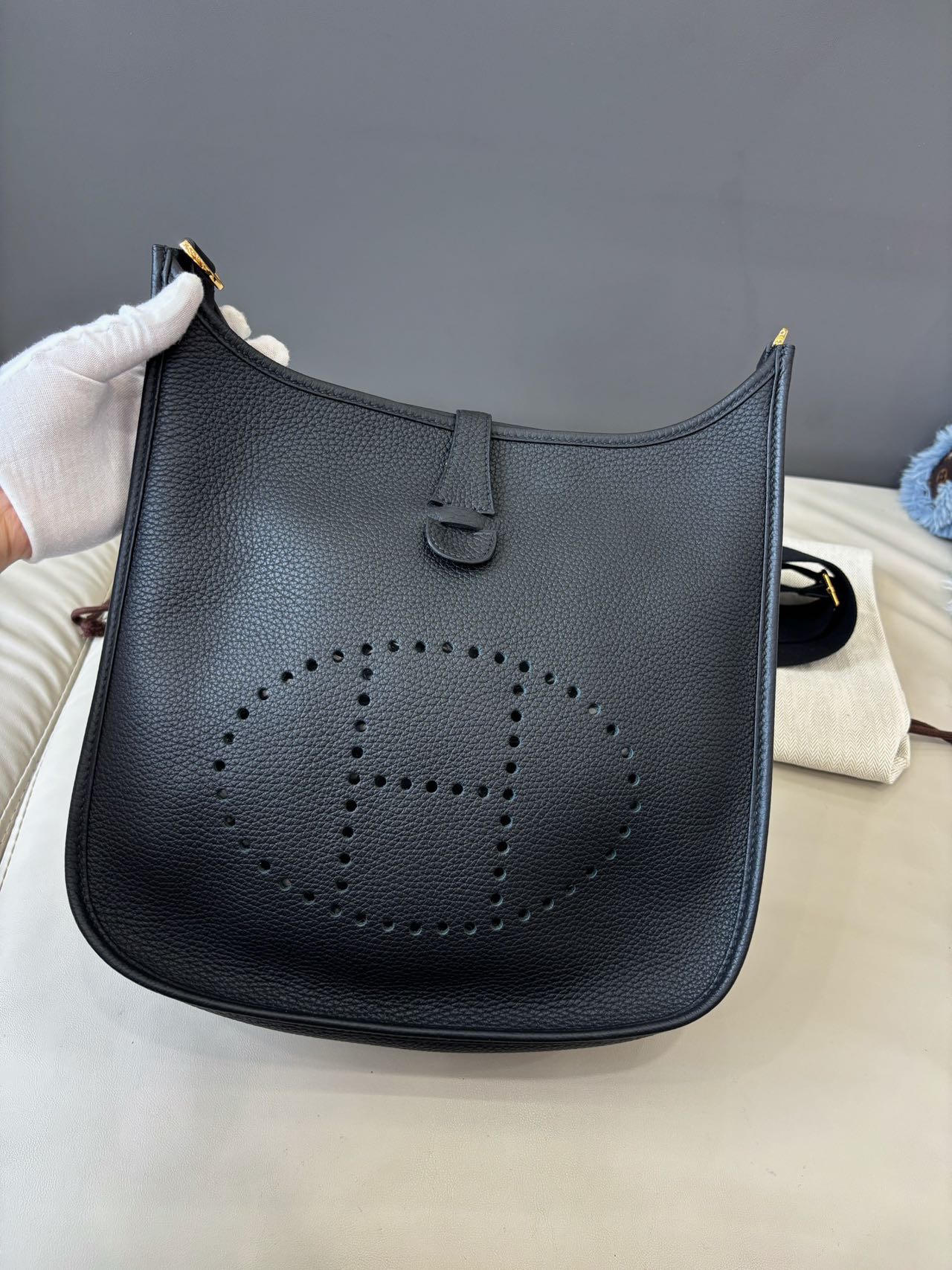 Pre-owned Certified Hermes Evelyne 29 bag in Black Taurillon Clemence leather with Golden Hardware, 2023, w/dust bag