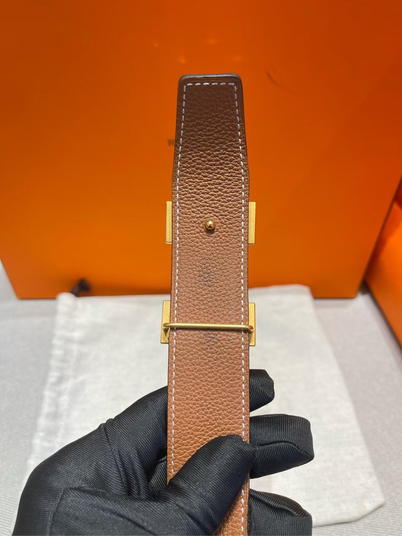 Pre-owned Hermes H Buckle Belt Black with Golden Brown Golden Hardware, Size 95, 2020, w/ dust bag