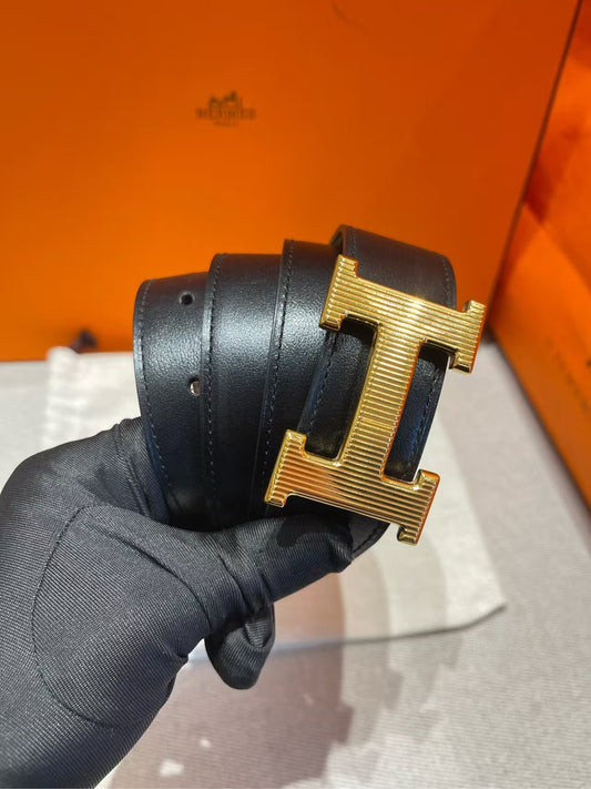 Pre-owned Hermes H Buckle Belt Black with Golden Brown Golden Hardware, Size 95, 2020, w/ dust bag