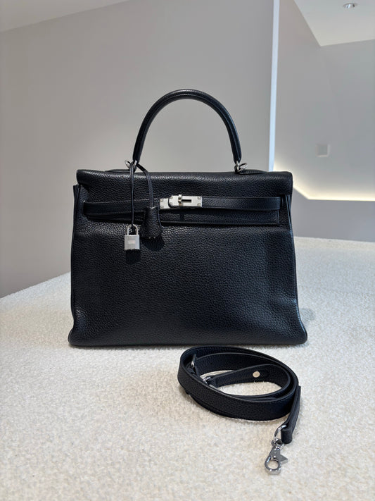 Pre-owned Certified Hermes Kelly 35 in Black Togo Leather with Silver Hardware, 2013, w/ full set