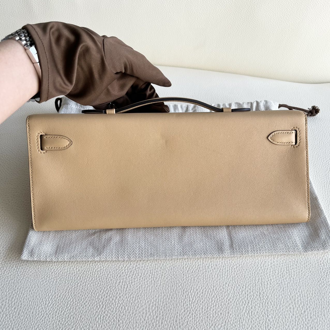 Pre-owned Certified Hermes Kelly Cut in 21 Naturel-Sable Swift Leather with Silver Hardware, 2016, w/ Dust bag