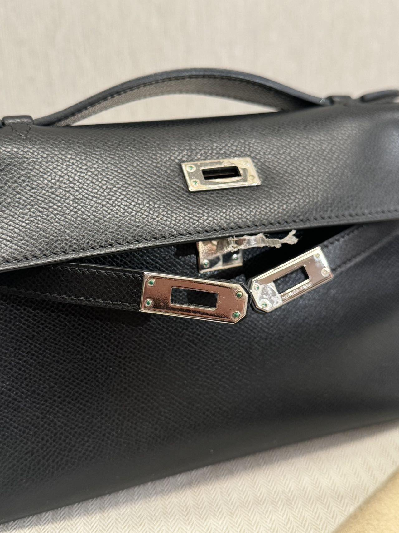 Pre-owned Certified Hermes Kelly Pochette in Black Epsom Leather with Silver Hardware, 2004, w/ full set