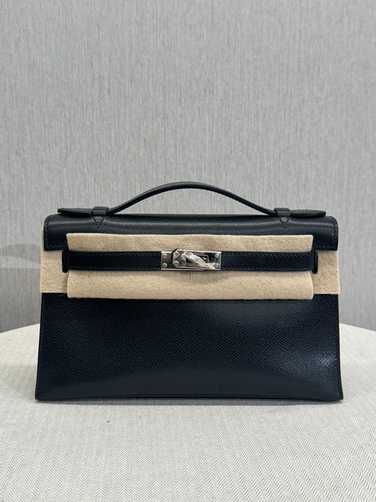 Pre-owned Certified Hermes Kelly Pochette in Black Epsom Leather with Silver Hardware, 2004, w/ full set